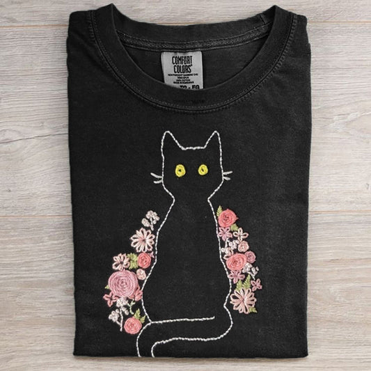 Pink Floral Black Cat Embroidered Comfy T Shirt