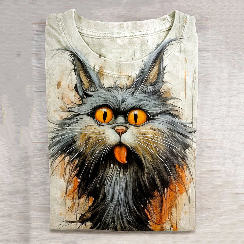 Art Cat Print Round Neck Long Sleeve T-Shirt elevenforest