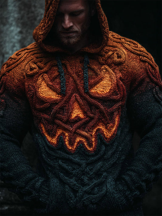 Men's Spooky Pumpkin Viking Celtic Gradient Cozy Chunky Hooded Sweater artswardrobe