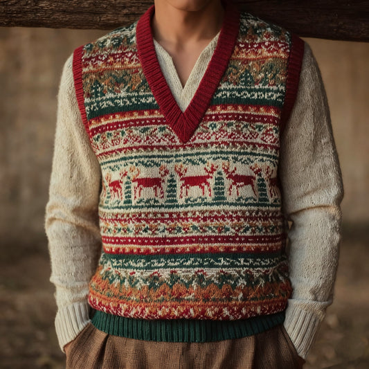 Men's Retro Round Neck Knitted Vest For Christmas artswardrobe