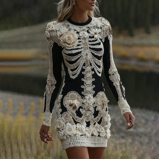 Women's Halloween Skeleton Bones With Rose Art Cozy Knit Mini Sweater Dress artswardrobe