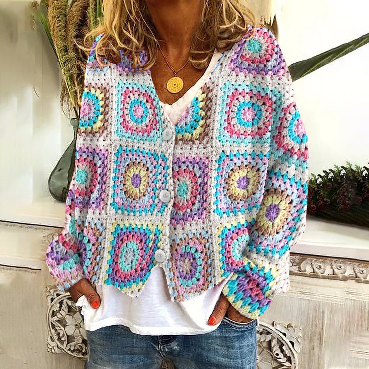 Knitted Crochet Floral V Neck Button Down Cardigan elevenforest
