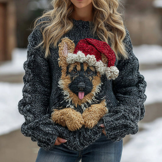 Christmas Cute German Shepherd Puppy In Hug Chunky Knit Cozy Sweater artswardrobe
