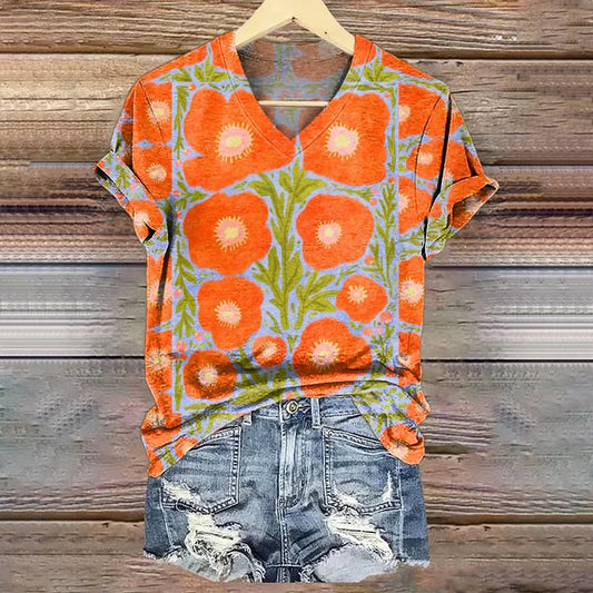 Women's Floral Art Print V-Neck T-Shirt