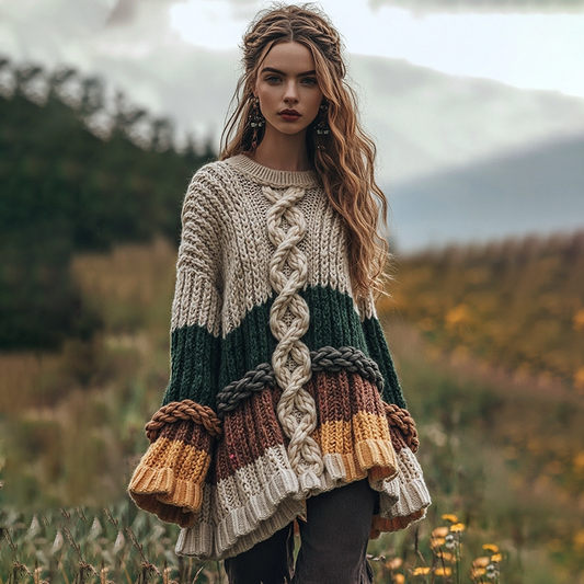 Women's Celtic Knot Jacquard Contrast Crew Neck Sweater Dress artswardrobe