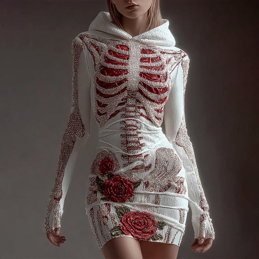 Women's Skeleton Roses Bandages Sequins Art Cozy Knit Hooded Mini Sweater Dress artswardrobe
