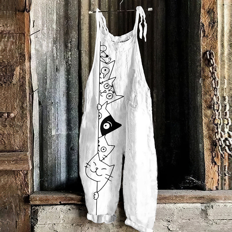 Vintage Cute Cats Linen Blend Loose Casual Jumpsuit elevenforest