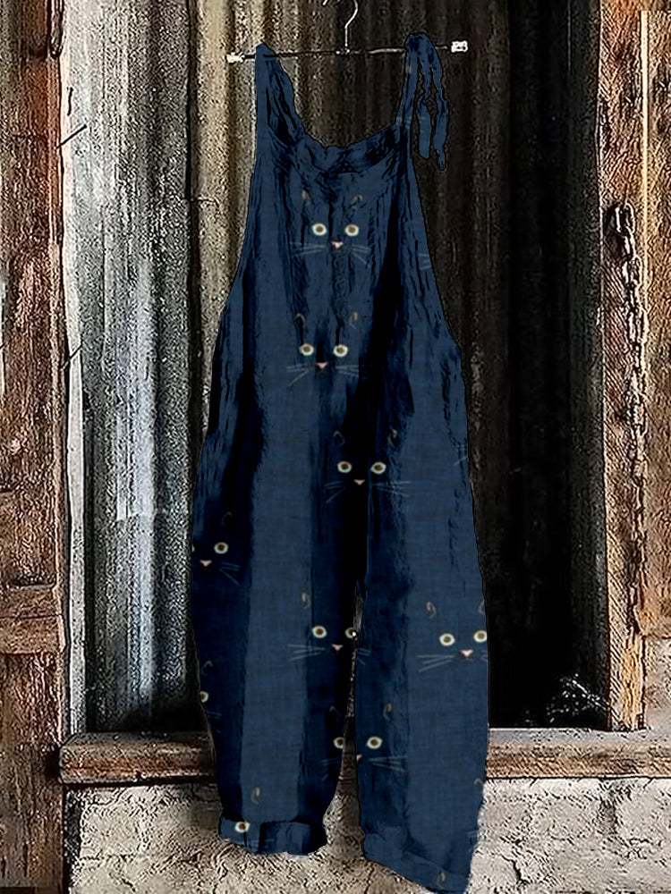 Cute Cat Face Pattern Loose Fit Comfy Jumpsuit elevenforest