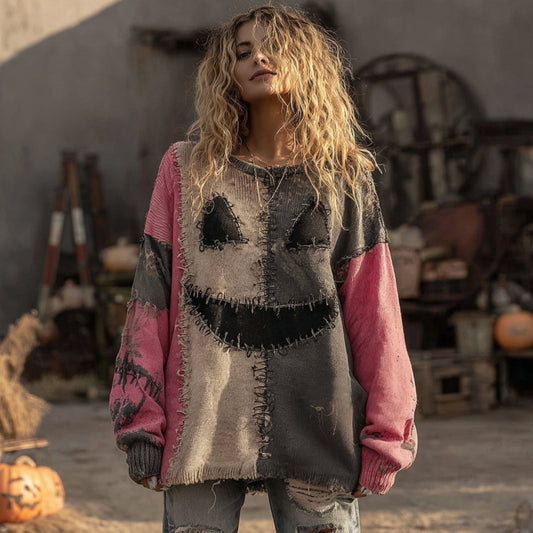 Halloween Spooky Face Contrast Stitched Cozy Knit Sweater artswardrobe