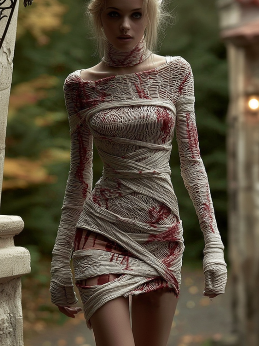 Women's Halloween Line Art Bandage Design Round Neck Knit Sweater Dress artswardrobe