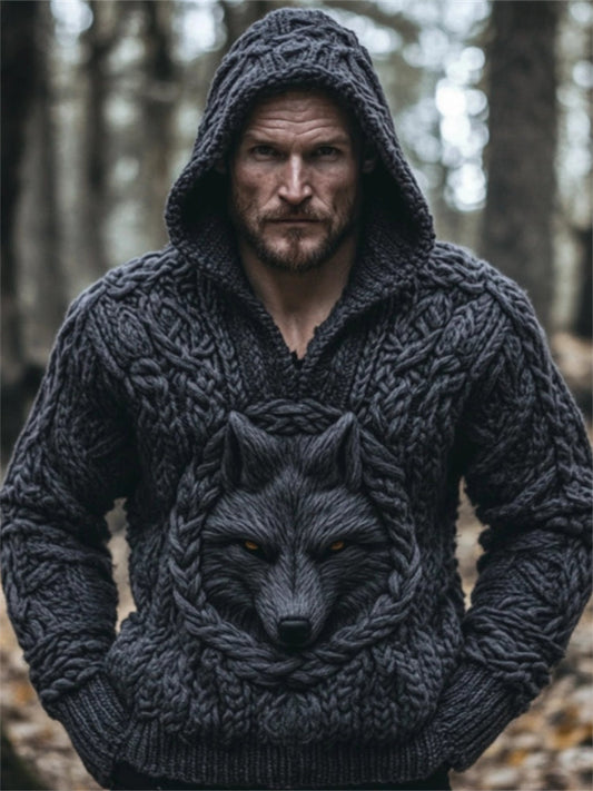 Men's Black Wolf Viking Celtic Chunky Hooded Sweater artswardrobe