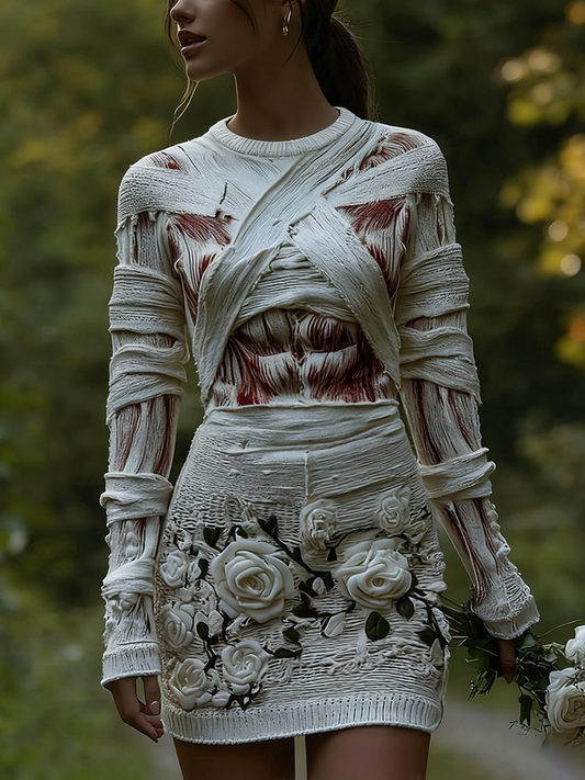 Women's Halloween Muscle Anatomy Bandage With Rose Art Cozy Knit Mini Sweater Dress artswardrobe
