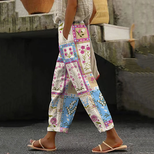 Women's Retro Geometric Floral Art Cotton And Linen Casual Pants artswardrobe