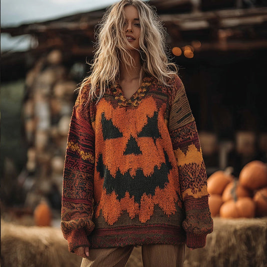 Vintage Halloween Pumpkin Face Patchwork Cozy Sweater artswardrobe