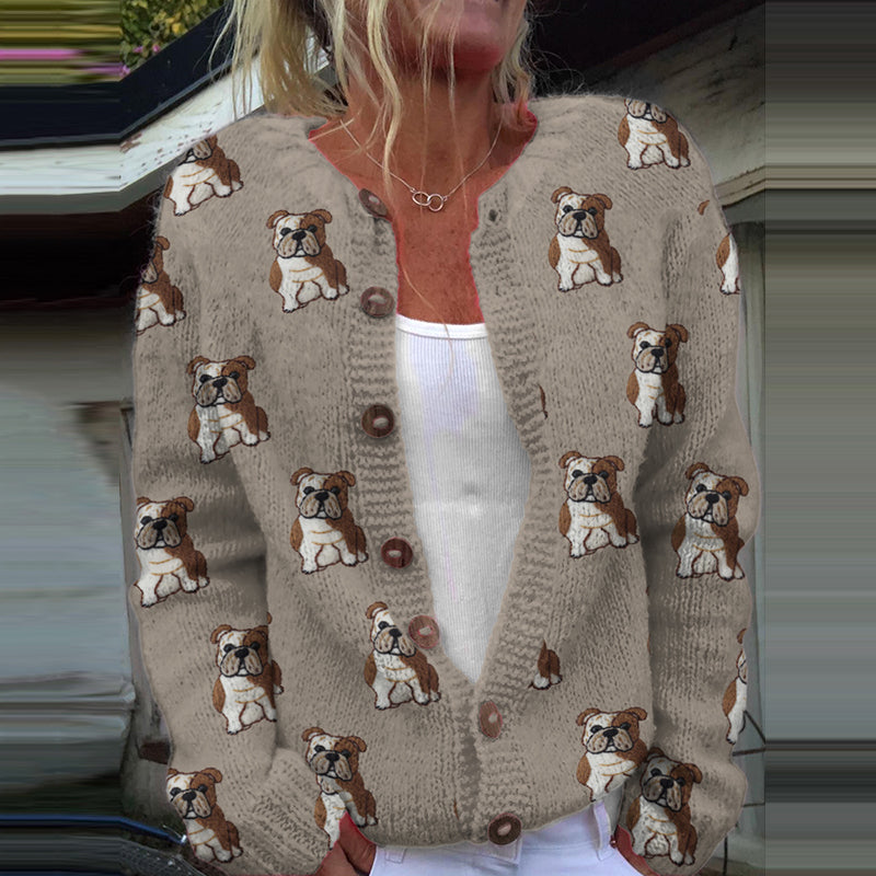 Comstylish Cute English Bulldog Applique Embroidery Art Cozy Cardigan Sweater