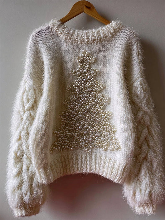 Vintage Christmas Trees Pearls Beaded Cozy Fuzzy Sweater artswardrobe