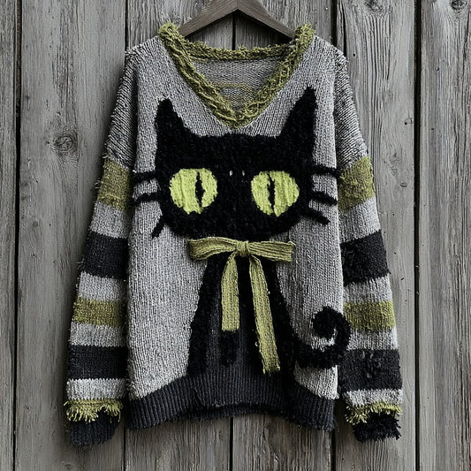 Halloween Black Cat Striped Knit V-neck Sweater artswardrobe