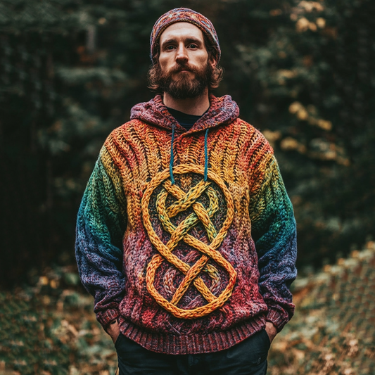Men's Vintage Rainbow Irish Celtic Knot Jacquard Mottled Hooded Sweater artswardrobe