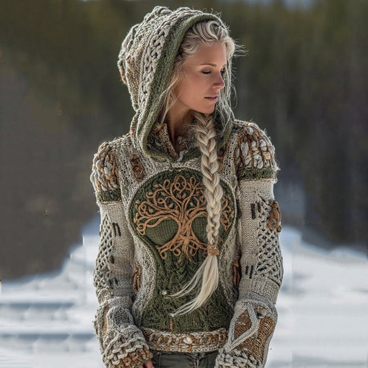 Women's Viking Tree Of Life Pattern Cozy Knit Hoodie Sweater artswardrobe