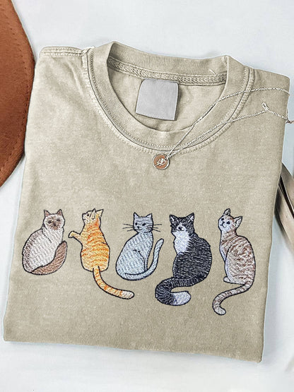 Women's Cats Embroidery Pattern Short Sleeve T-Shirt elevenforest