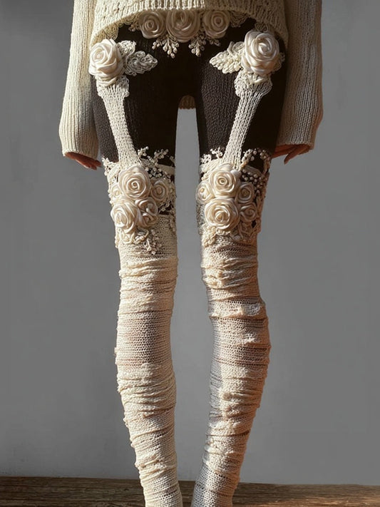 Vintage Skeleton Roses Bandage Art Cozy Knit Leggings artswardrobe