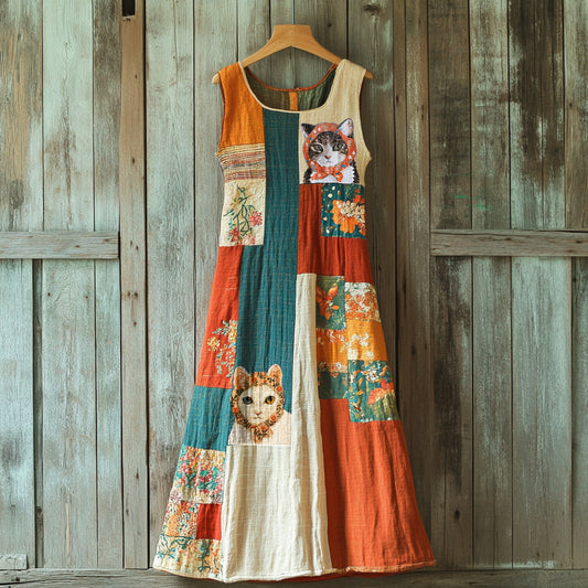 Women's Retro Color Block And Cat Art Sleeveless Maxi Dress elevenforest