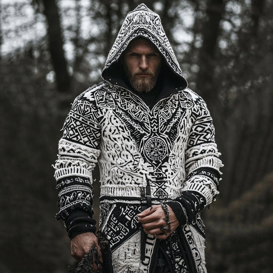 Men's Vintage Viking Inspired Celtic Jacquard Hooded Sweater artswardrobe