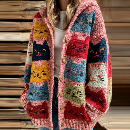 Women's Colorful Cats Pattern Cozy Hooded Cardigan artswardrobe