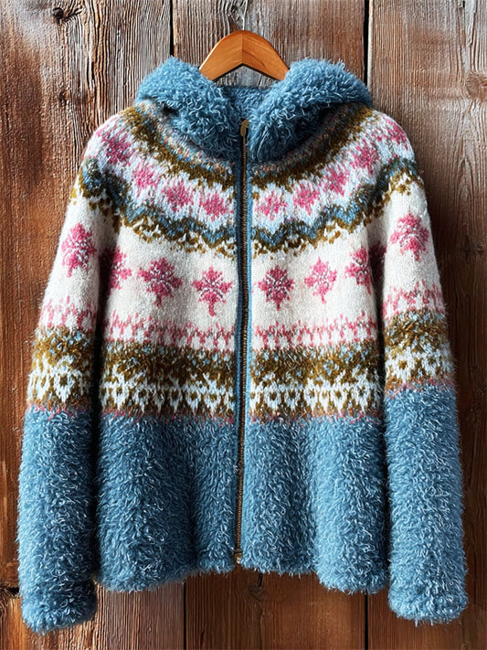Vintage Classic Fair Isle Cozy Hooded Fleece Jacket elevenforest