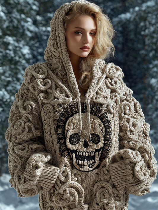 Halloween Skeleton Element Viking Style Women's Hooded Pullover Knit Sweater artswardrobe