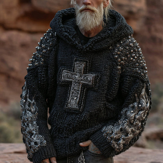 Men's Vintage Cross Design Heavy Metal Style Hooded Sweater artswardrobe