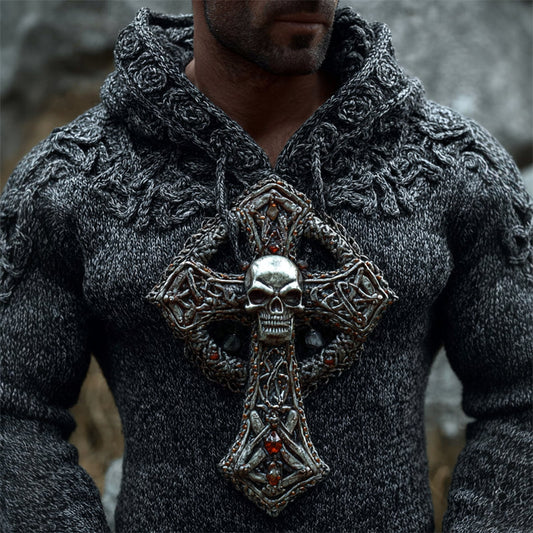Men's Vintage Skull Cross Celtic Cozy Chunky Hooded Sweater artswardrobe