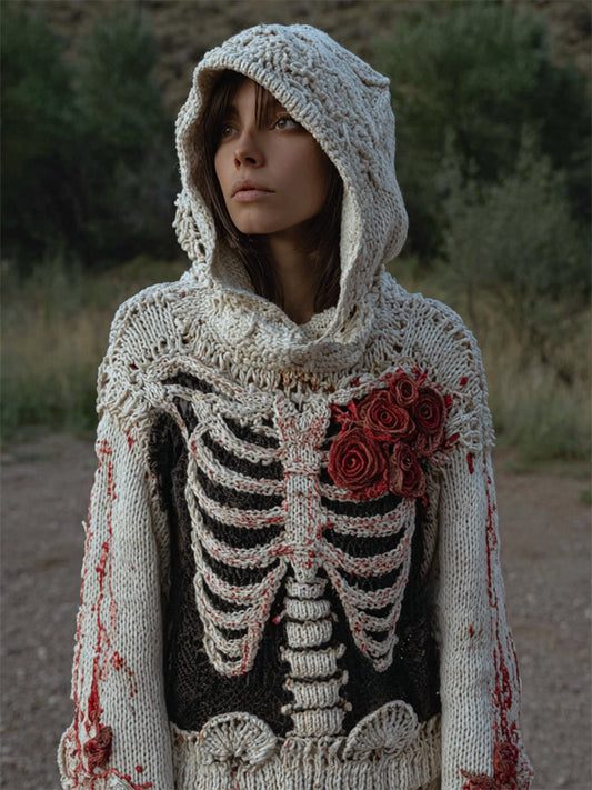 Halloween Bleeding Roses Heart Skeleton Cozy Knit Hooded Sweater artswardrobe