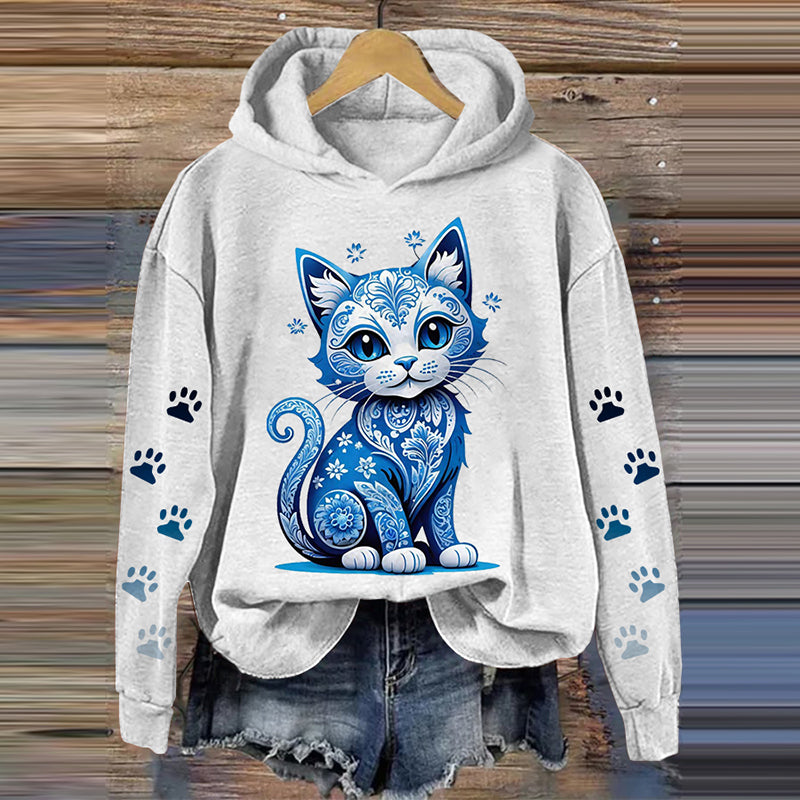 Abstract Creative Floral Cat Print Casual Sweatshirt elevenforest
