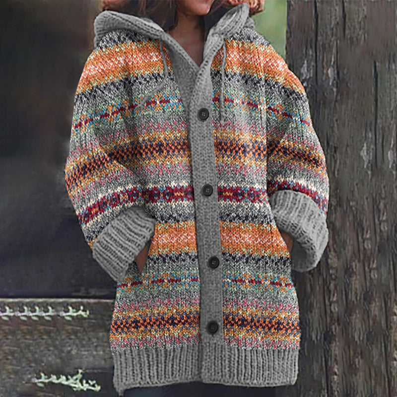 Vintage Icelandic Geometric Contrast Print Hooded Sweater Cardigan elevenforest