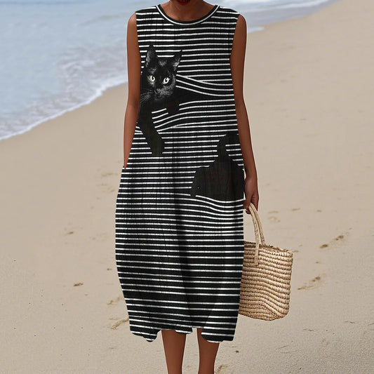 Comstylish Cute Black Cat Stripe Art Pattern Linen Tank Dress