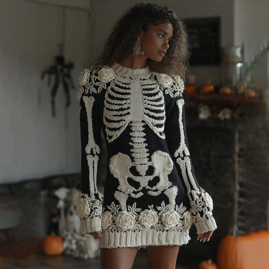 Women's Halloween Skeleton Bones Leather With Rose Cozy Knit Mini Sweater Dress artswardrobe