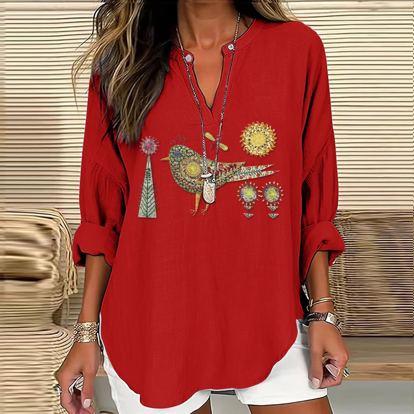 Women's Vintage Ethnic Floral Bird Art Embroidery V-neck Shirt artswardrobe