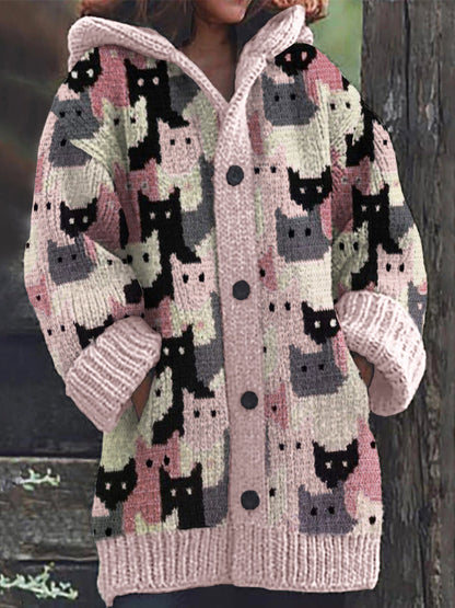 Pink Crowded Cats Knit Art Cozy Hooded Cardigan elevenforest