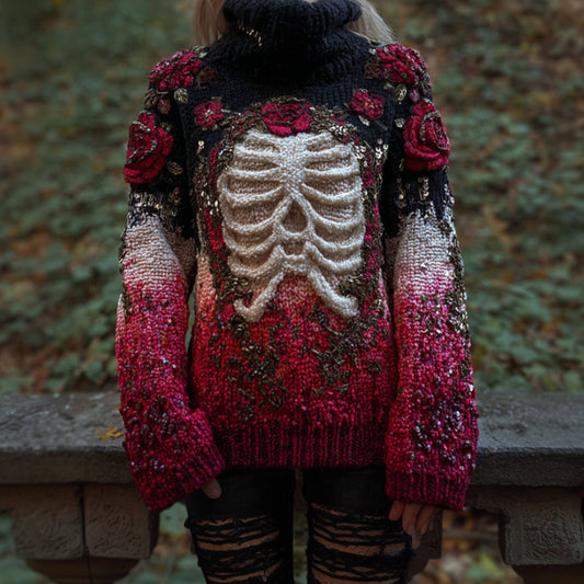 Women's Halloween Anatomy Art And Flower Gradient 3d Knitted High Collar Sweater artswardrobe