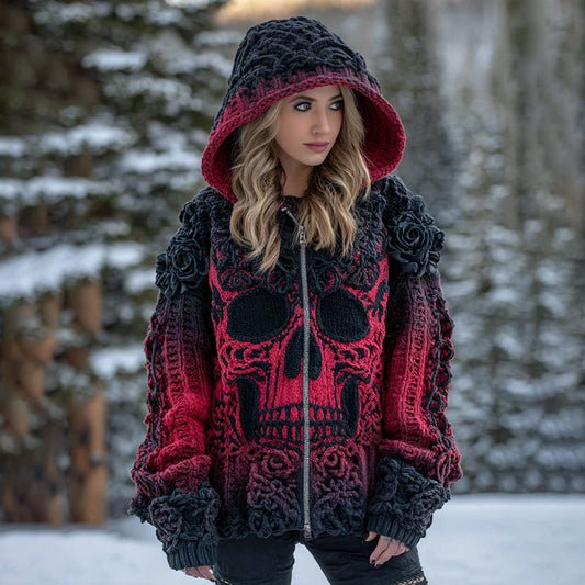 Women's Vintage Viking Tribal Celtic Skull Gradient Art Cozy Knitted Hooded Cardigan artswardrobe