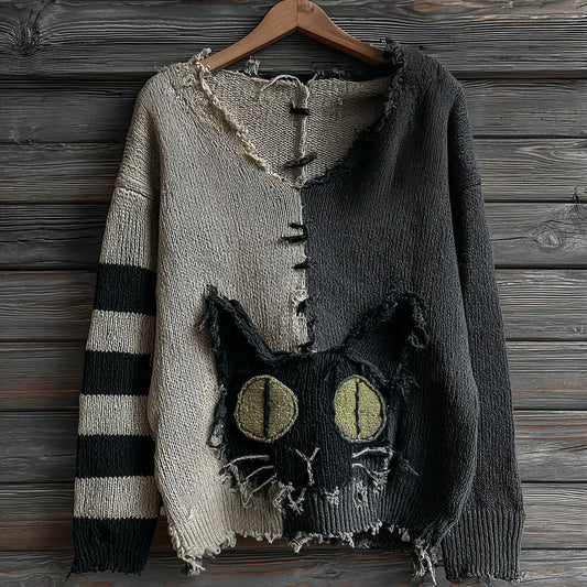 Halloween Green-eyed Black Cat Patchwork Knitted V-neck Sweater artswardrobe