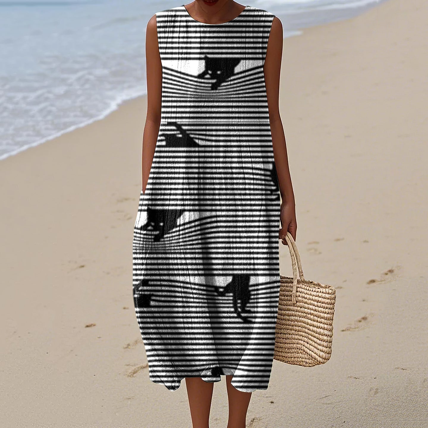 Comstylish Women's Vintage Black Cats Stripes Art Print Sleeveless Dress