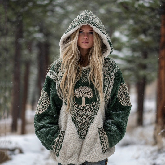 Women's Vintage Tree Of Life Celtic Contrast Color Design Plush Warm Hoodie