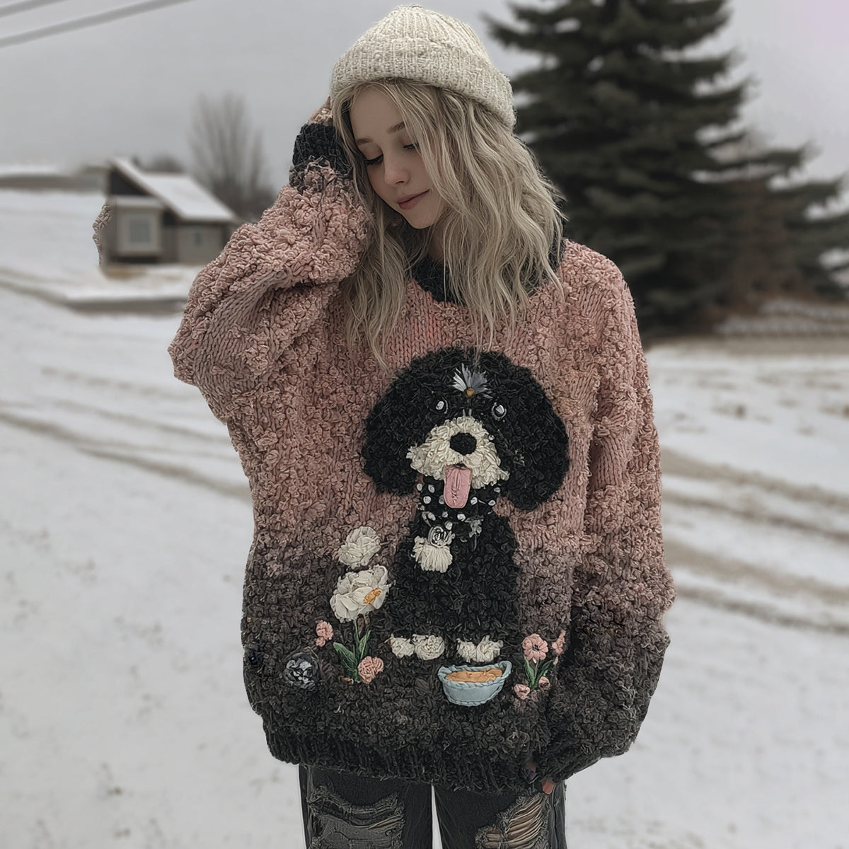 Cute Fuzzy Puppy Flower Gradient Art Cozy Hooded Sweater artswardrobe