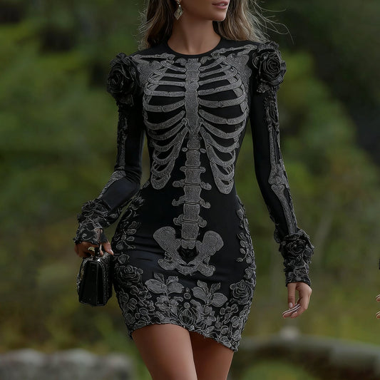 Women's Halloween Skeleton Bones With Black Rose Art Cozy Knit Mini Sweater Dress artswardrobe