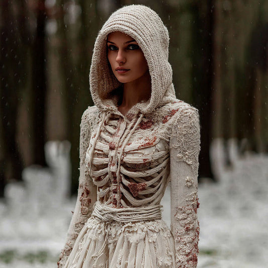 Women's Vintage Halloween Skeleton Knit Hooded Sweater artswardrobe