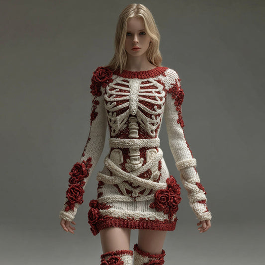 Women's Halloween Skeleton Bones With Rose Art Cozy Knit Mini Sweater Dress artswardrobe