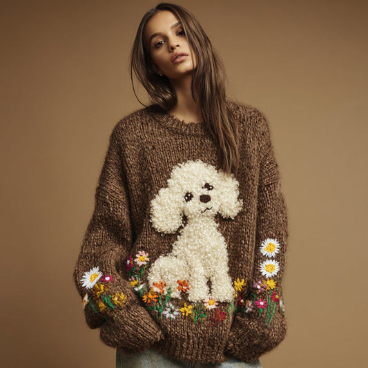 Vintage  Dog Colorful Wildflower Embroidery Crochet Cozy Knit Sweater artswardrobe