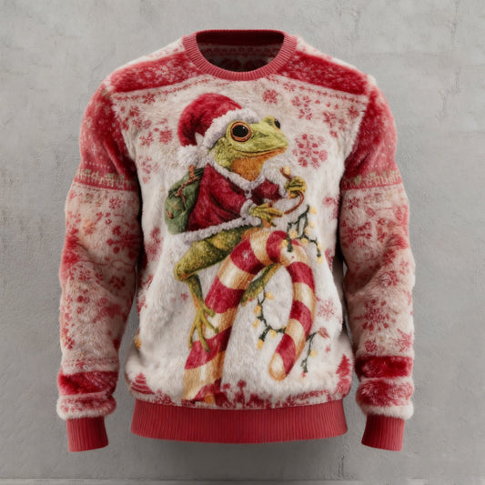 Comstylish Men's Fun Christmas Frog And Candy Cane Comfortable Crew Neck Plush Sweatshirt